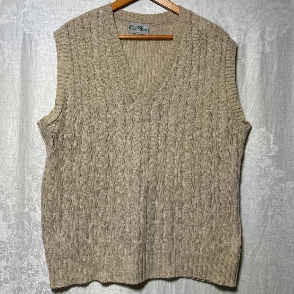 Vintage Sweater Vest Large Beige Cable Knit Classics V Neck Grandpa Academia
